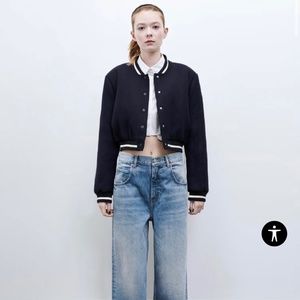 Zara Crop Bomber Jacket Navy Blue  (M)